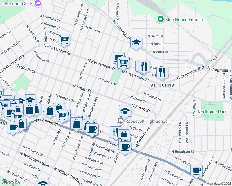 map of restaurants, bars, coffee shops, grocery stores, and more near 9324 North Burr Avenue in Portland
