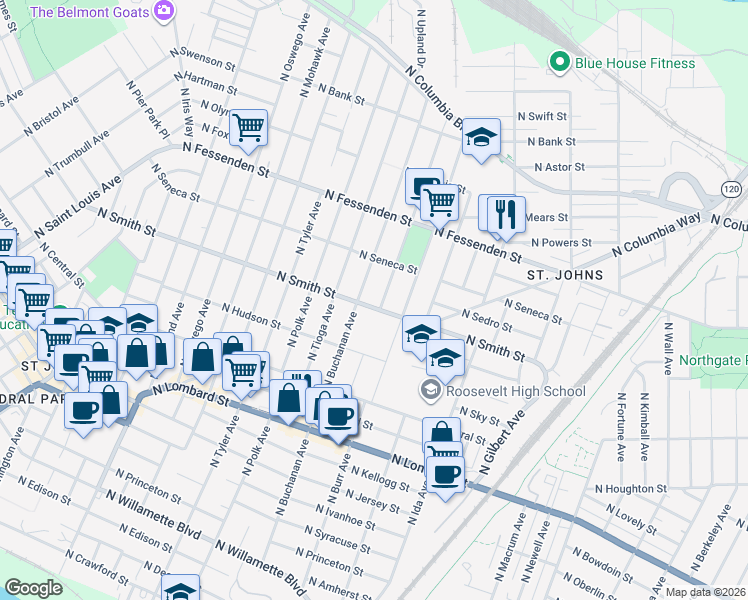map of restaurants, bars, coffee shops, grocery stores, and more near 9241 North Calhoun Avenue in Portland