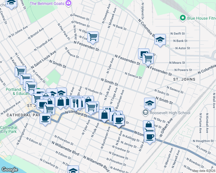 map of restaurants, bars, coffee shops, grocery stores, and more near 7635 North Smith Street in Portland