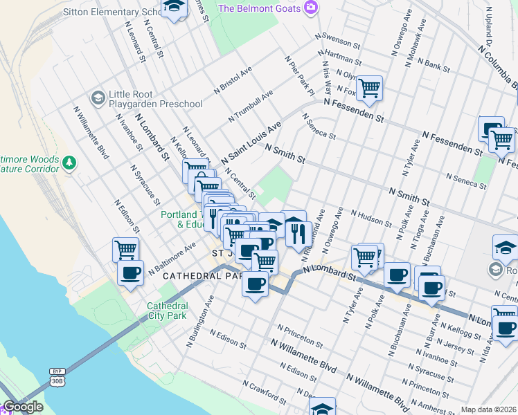 map of restaurants, bars, coffee shops, grocery stores, and more near 8427 North Central Street in Portland