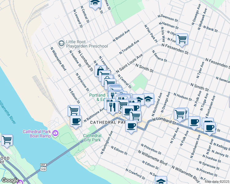 map of restaurants, bars, coffee shops, grocery stores, and more near 8935 North Kellogg Street in Portland