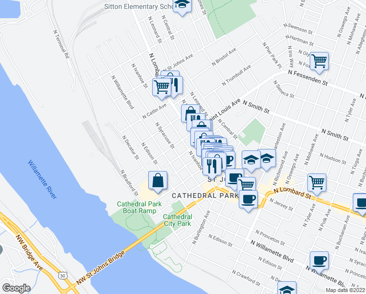 map of restaurants, bars, coffee shops, grocery stores, and more near 7229 North Saint Louis Avenue in Portland