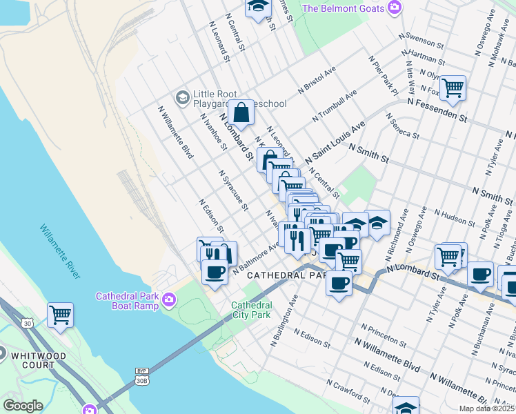 map of restaurants, bars, coffee shops, grocery stores, and more near 7229 North Saint Louis Avenue in Portland
