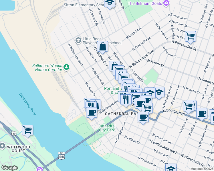 map of restaurants, bars, coffee shops, grocery stores, and more near 7229 North Saint Louis Avenue in Portland