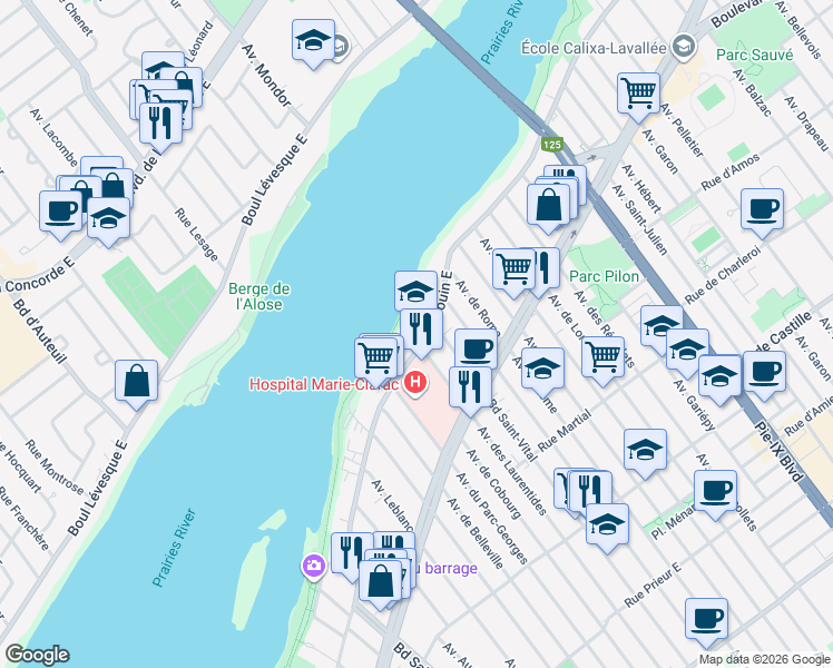 map of restaurants, bars, coffee shops, grocery stores, and more near 3641 Boulevard Gouin Est in Montrteal