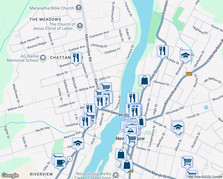 map of restaurants, bars, coffee shops, grocery stores, and more near 45 Bell Street in New Glasgow