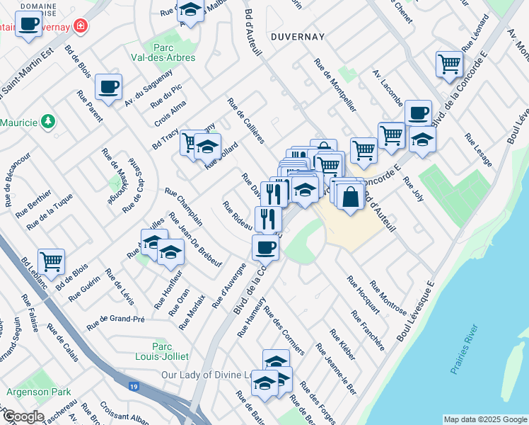 map of restaurants, bars, coffee shops, grocery stores, and more near 2945 Rue d'Auvergne in Laval