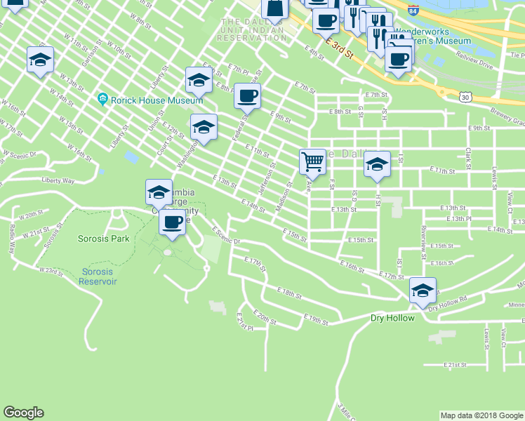 map of restaurants, bars, coffee shops, grocery stores, and more near 607 East 14th Street in The Dalles