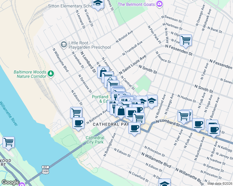 map of restaurants, bars, coffee shops, grocery stores, and more near 8922 North Kellogg Street in Portland