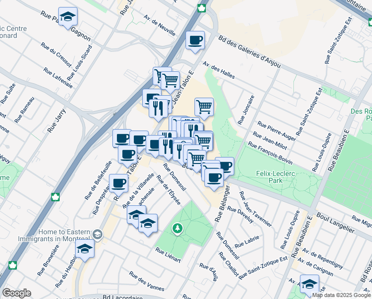 map of restaurants, bars, coffee shops, grocery stores, and more near 7373 Boulevard Langelier in Montréal