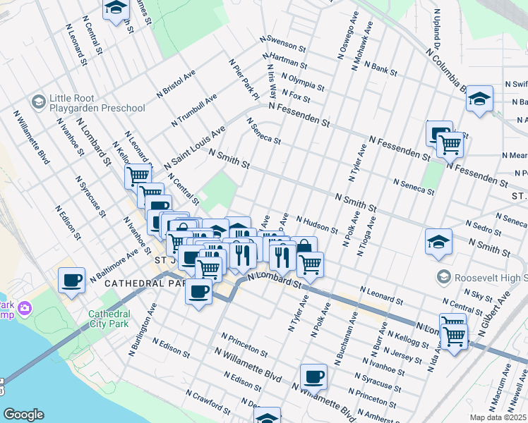 map of restaurants, bars, coffee shops, grocery stores, and more near 8577 North Richmond Avenue in Portland