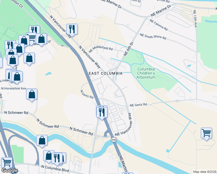map of restaurants, bars, coffee shops, grocery stores, and more near 9416 Northeast Gertz Court in Portland