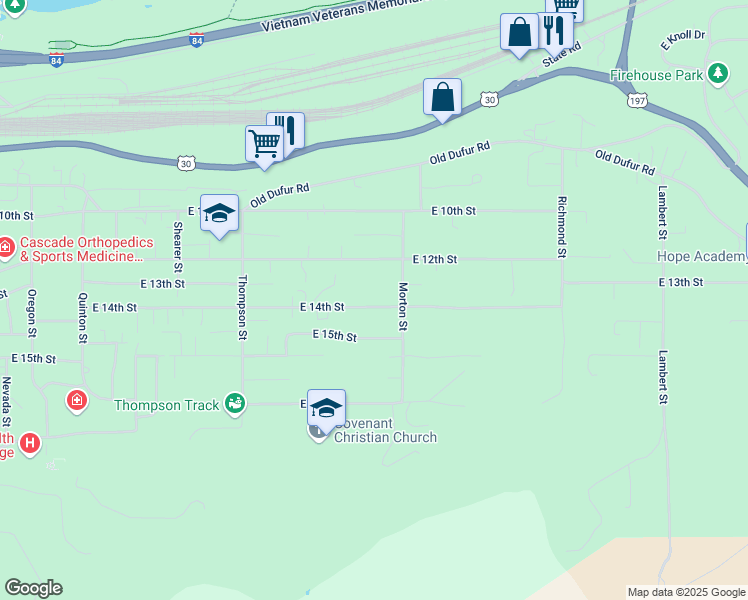 map of restaurants, bars, coffee shops, grocery stores, and more near 2605 East 14th Street in The Dalles