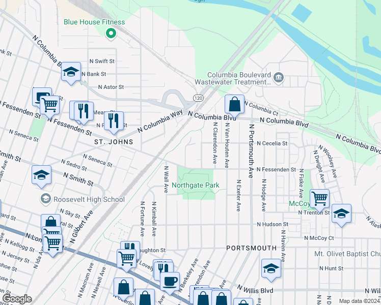 map of restaurants, bars, coffee shops, grocery stores, and more near 9633 North Berkeley Avenue in Portland