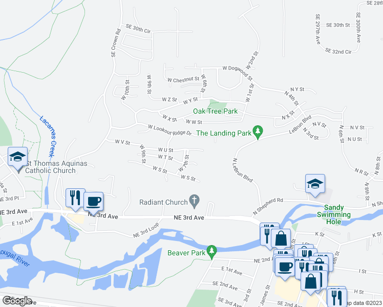 map of restaurants, bars, coffee shops, grocery stores, and more near 686 West U Street in Washougal
