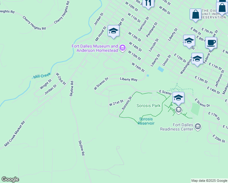 map of restaurants, bars, coffee shops, grocery stores, and more near 313 West 20th Street in The Dalles