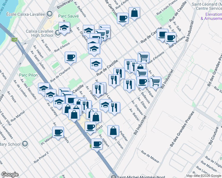 map of restaurants, bars, coffee shops, grocery stores, and more near 4625 Rue d'Amiens in Montréal
