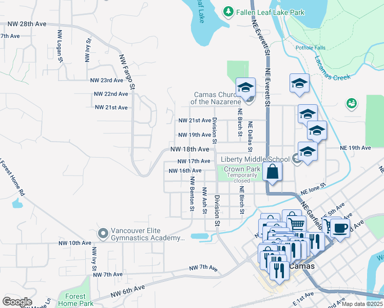map of restaurants, bars, coffee shops, grocery stores, and more near 244 NW 18th Ave in Camas