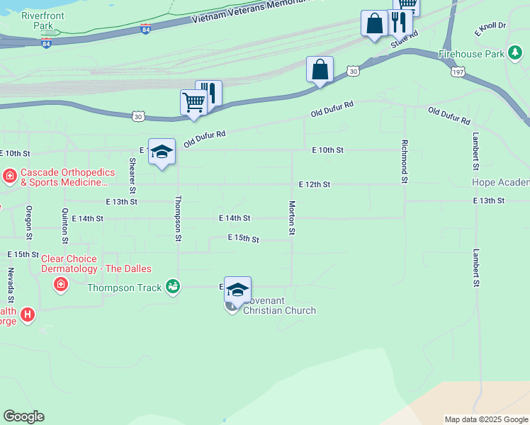 map of restaurants, bars, coffee shops, grocery stores, and more near 2605 East 14th Street in The Dalles