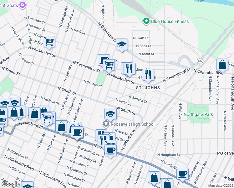 map of restaurants, bars, coffee shops, grocery stores, and more near 7032 North Seneca Street in Portland