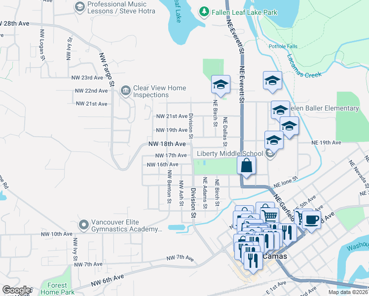 map of restaurants, bars, coffee shops, grocery stores, and more near 124 Northwest 18th Avenue in Camas