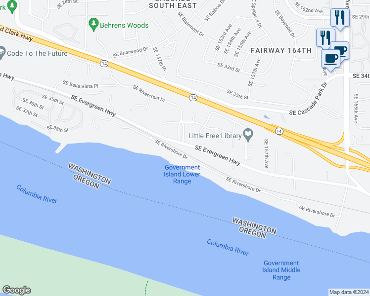map of restaurants, bars, coffee shops, grocery stores, and more near 14431 Southeast Evergreen Highway in Vancouver