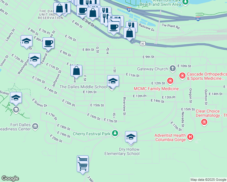 map of restaurants, bars, coffee shops, grocery stores, and more near 1100 East 12th Street in The Dalles