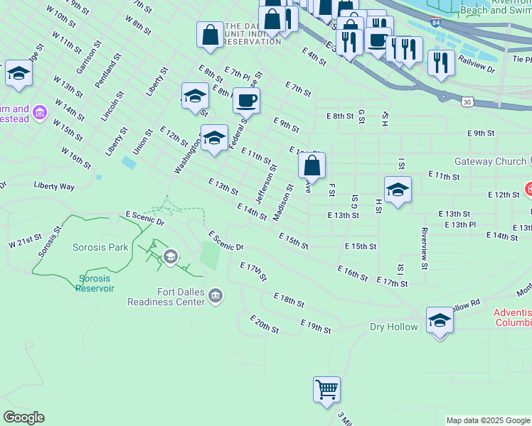 map of restaurants, bars, coffee shops, grocery stores, and more near 604 East 13th Street in The Dalles