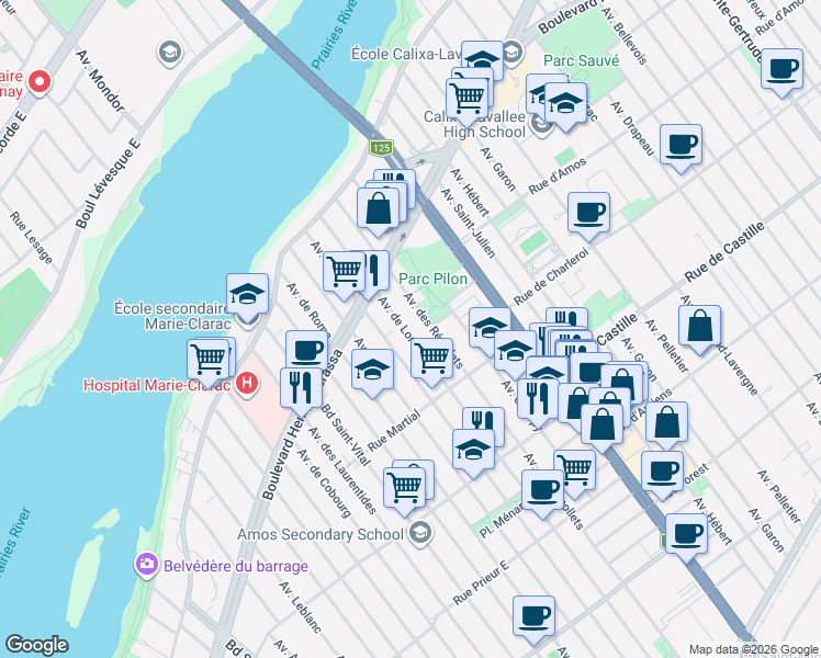 map of restaurants, bars, coffee shops, grocery stores, and more near 11151 Avenue de London in Montréal