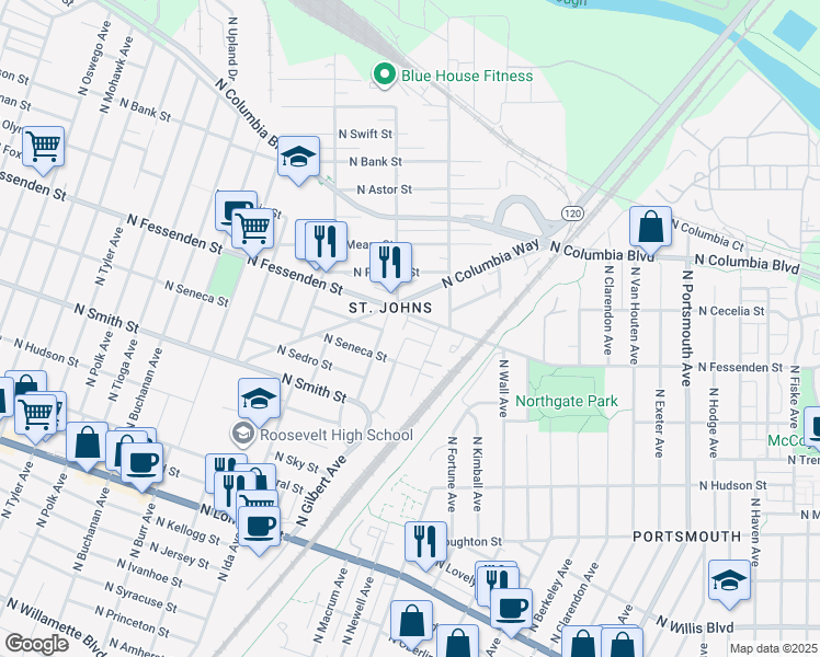 map of restaurants, bars, coffee shops, grocery stores, and more near 6622-6766 North Fessenden Street in Portland