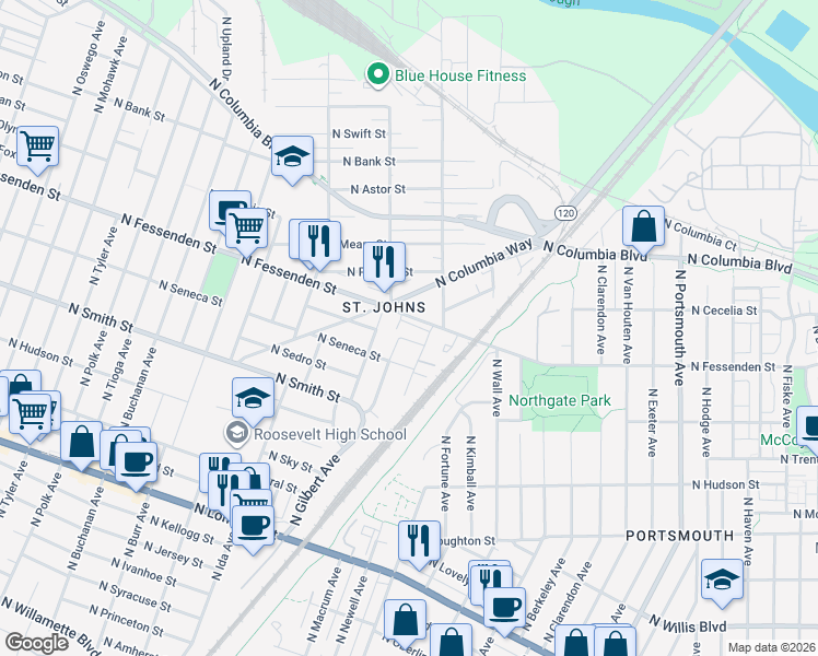 map of restaurants, bars, coffee shops, grocery stores, and more near 6724 North Fessenden Street in Portland