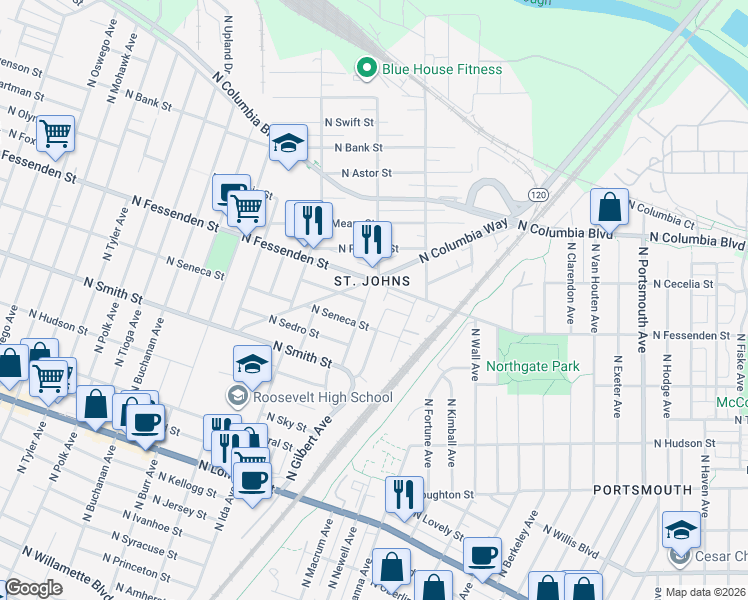 map of restaurants, bars, coffee shops, grocery stores, and more near 6734 North Fessenden Street in Portland