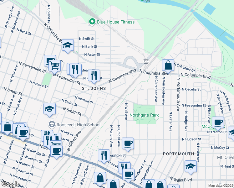 map of restaurants, bars, coffee shops, grocery stores, and more near 6285 North Fessenden Street in Portland