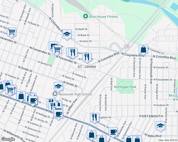 map of restaurants, bars, coffee shops, grocery stores, and more near 6830 North Columbia Way in Portland
