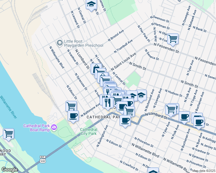 map of restaurants, bars, coffee shops, grocery stores, and more near 8935 North Kellogg Street in Portland