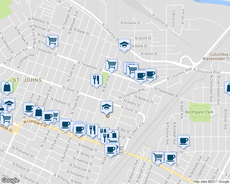map of restaurants, bars, coffee shops, grocery stores, and more near 7118 North Seneca Street in Portland