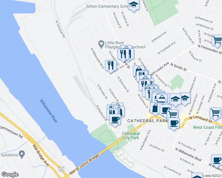 map of restaurants, bars, coffee shops, grocery stores, and more near 9235 North Edison Street in Portland