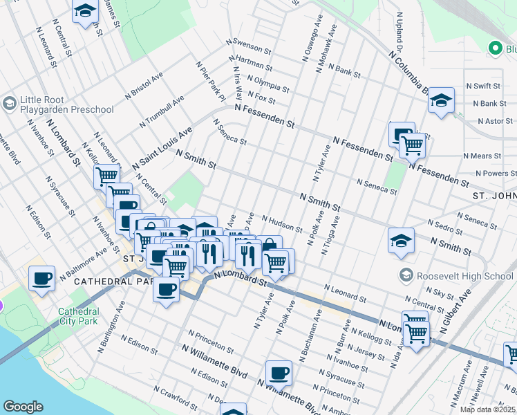 map of restaurants, bars, coffee shops, grocery stores, and more near 9020 North Oswego Avenue in Portland