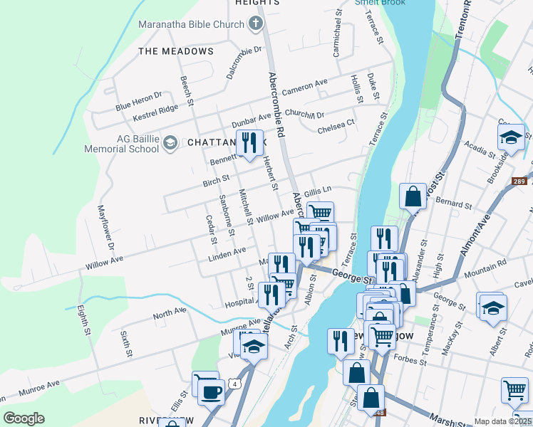 map of restaurants, bars, coffee shops, grocery stores, and more near 79 Willow Avenue in New Glasgow