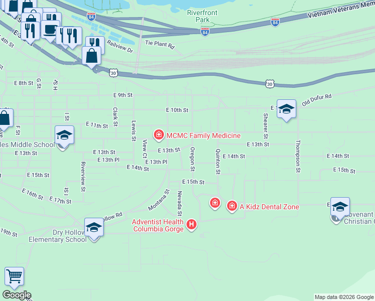 map of restaurants, bars, coffee shops, grocery stores, and more near 1724 East 13th Street in The Dalles