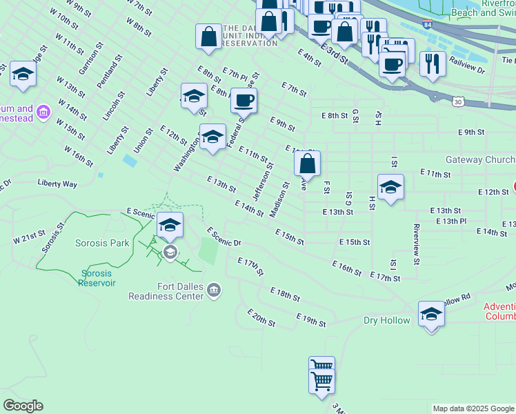 map of restaurants, bars, coffee shops, grocery stores, and more near 604 East 13th Street in The Dalles