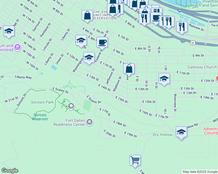 map of restaurants, bars, coffee shops, grocery stores, and more near 604 East 13th Street in The Dalles