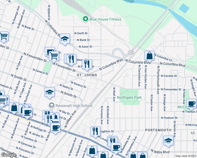map of restaurants, bars, coffee shops, grocery stores, and more near 6724 North Fessenden Street in Portland