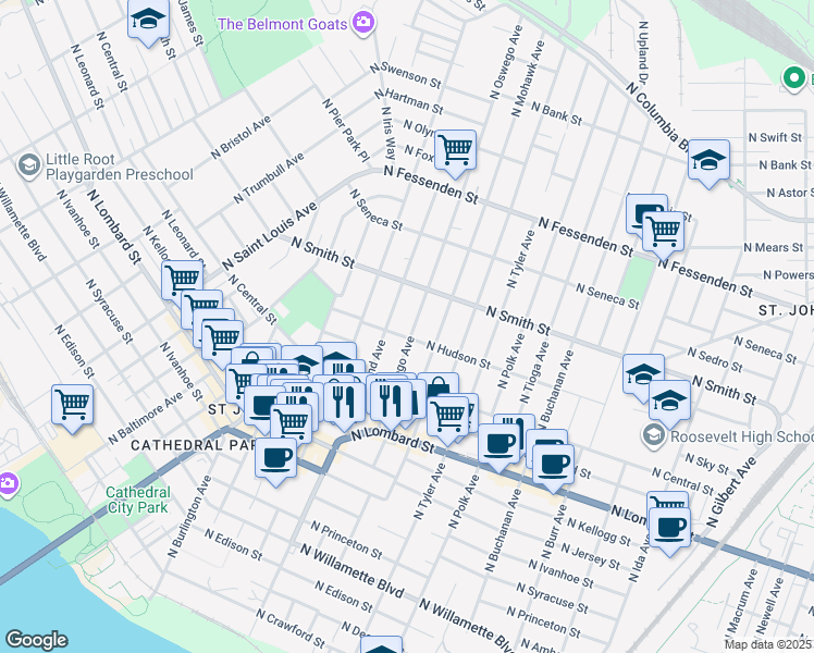 map of restaurants, bars, coffee shops, grocery stores, and more near 9023 North Oswego Avenue in Portland