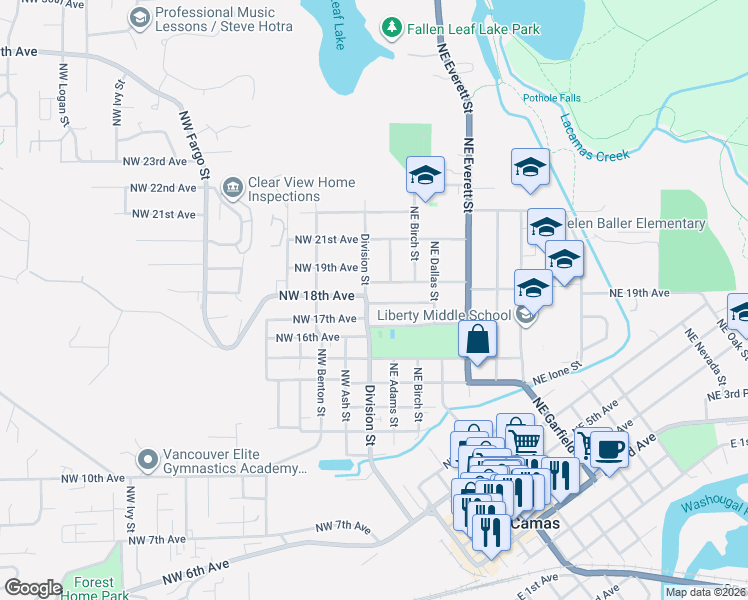 map of restaurants, bars, coffee shops, grocery stores, and more near 1804 Division Street in Camas