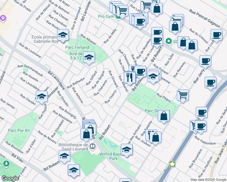 map of restaurants, bars, coffee shops, grocery stores, and more near 5865 Rue Thierry in Montreal