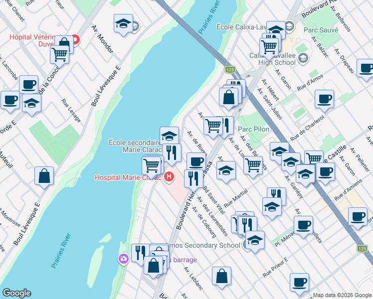 map of restaurants, bars, coffee shops, grocery stores, and more near 11394 Avenue de Bruxelles in Montréal
