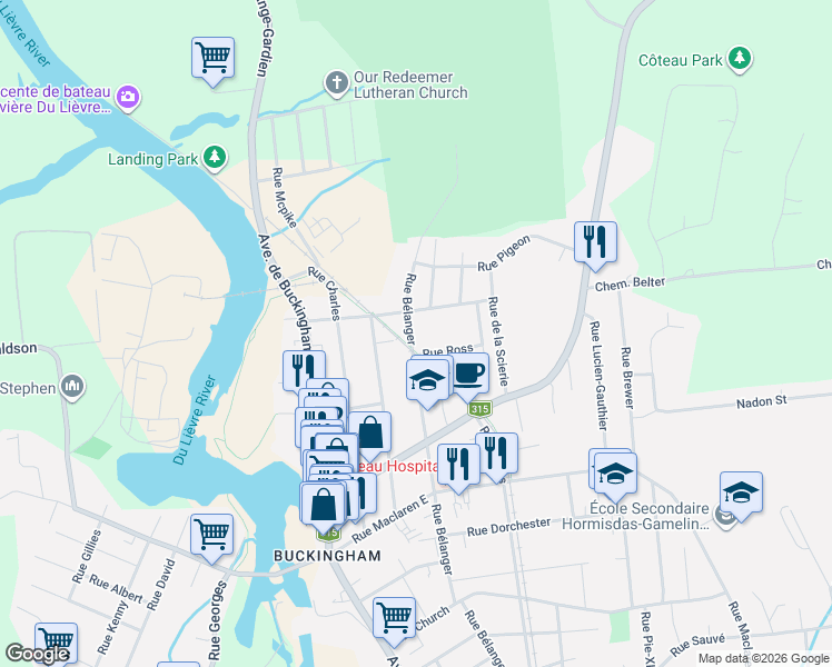 map of restaurants, bars, coffee shops, grocery stores, and more near 324 Rue Bélanger in Gatineau