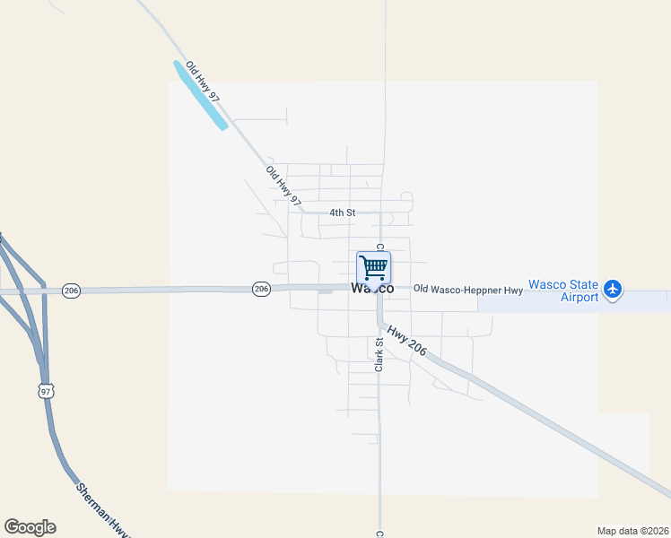 map of restaurants, bars, coffee shops, grocery stores, and more near 600 Barnett Street in Wasco