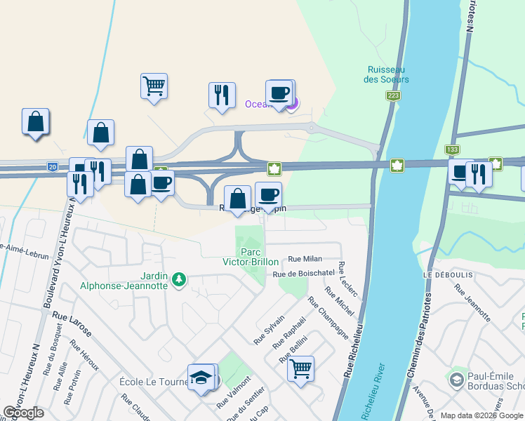 map of restaurants, bars, coffee shops, grocery stores, and more near 2020 Rue André-Labadie in Beloeil